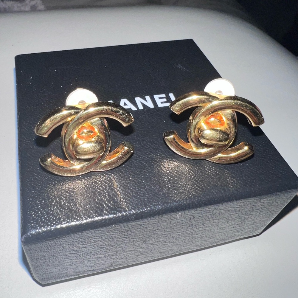 CHANEL Gold Logo Earrings